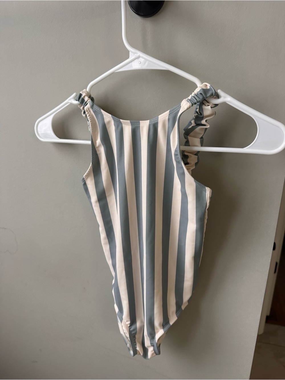 Rylee + Cru Blue and Cream Striped Ruffle Shoulder One-Piece